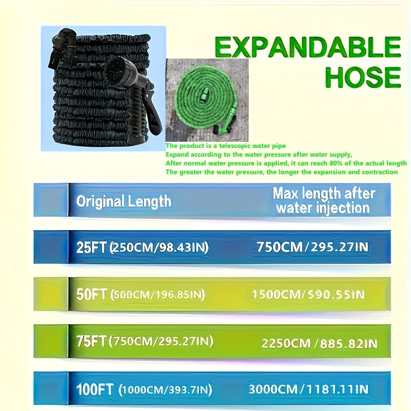1 Set Heavy Duty PVC High Pressure Garden Hose with Spray Nozzle - 7.62meter/15.24meter/30.48meter Length Options, 7 Spray Patterns (Heavy Duty, Spray, Rinse, Soap, Mist, Flood, Drain), US/EU Connectors, Green & Black Durable