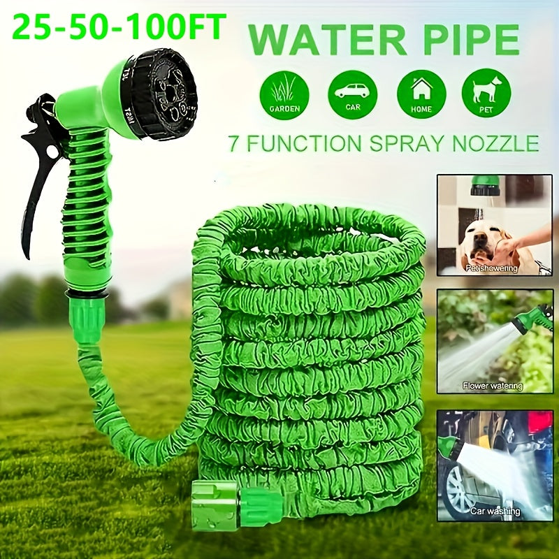 1 Set Heavy Duty PVC High Pressure Garden Hose with Spray Nozzle - 7.62meter/15.24meter/30.48meter Length Options, 7 Spray Patterns (Heavy Duty, Spray, Rinse, Soap, Mist, Flood, Drain), US/EU Connectors, Green & Black Durable