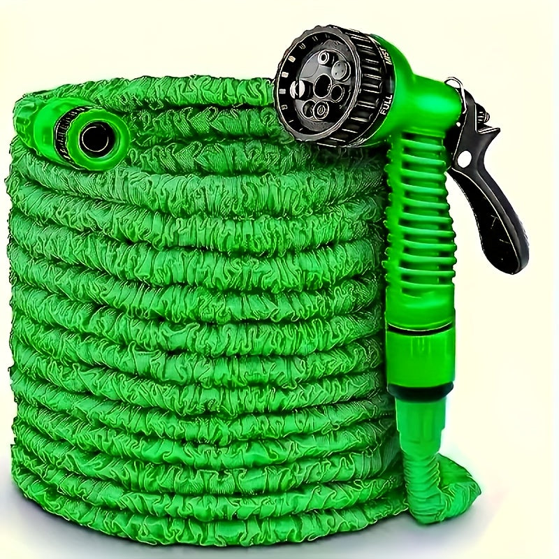 1 Set Heavy Duty PVC High Pressure Garden Hose with Spray Nozzle - 7.62meter/15.24meter/30.48meter Length Options, 7 Spray Patterns (Heavy Duty, Spray, Rinse, Soap, Mist, Flood, Drain), US/EU Connectors, Green & Black Durable
