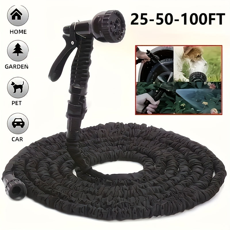 1 Set Heavy Duty PVC High Pressure Garden Hose with Spray Nozzle - 7.62meter/15.24meter/30.48meter Length Options, 7 Spray Patterns (Heavy Duty, Spray, Rinse, Soap, Mist, Flood, Drain), US/EU Connectors, Green & Black Durable