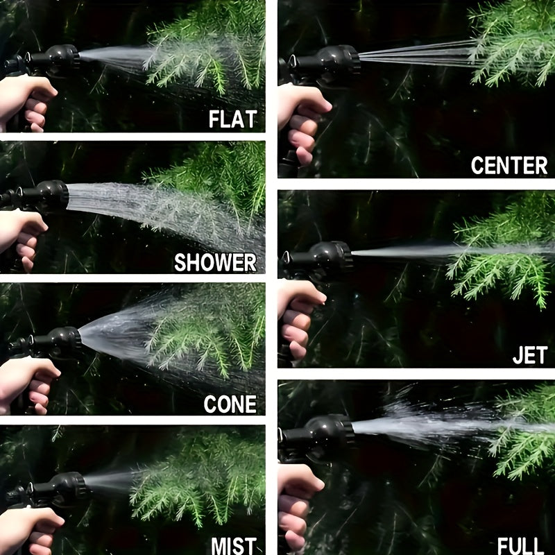 1 Set Heavy Duty PVC High Pressure Garden Hose with Spray Nozzle - 7.62meter/15.24meter/30.48meter Length Options, 7 Spray Patterns (Heavy Duty, Spray, Rinse, Soap, Mist, Flood, Drain), US/EU Connectors, Green & Black Durable