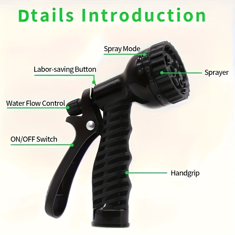 1 Set Heavy Duty PVC High Pressure Garden Hose with Spray Nozzle - 7.62meter/15.24meter/30.48meter Length Options, 7 Spray Patterns (Heavy Duty, Spray, Rinse, Soap, Mist, Flood, Drain), US/EU Connectors, Green & Black Durable